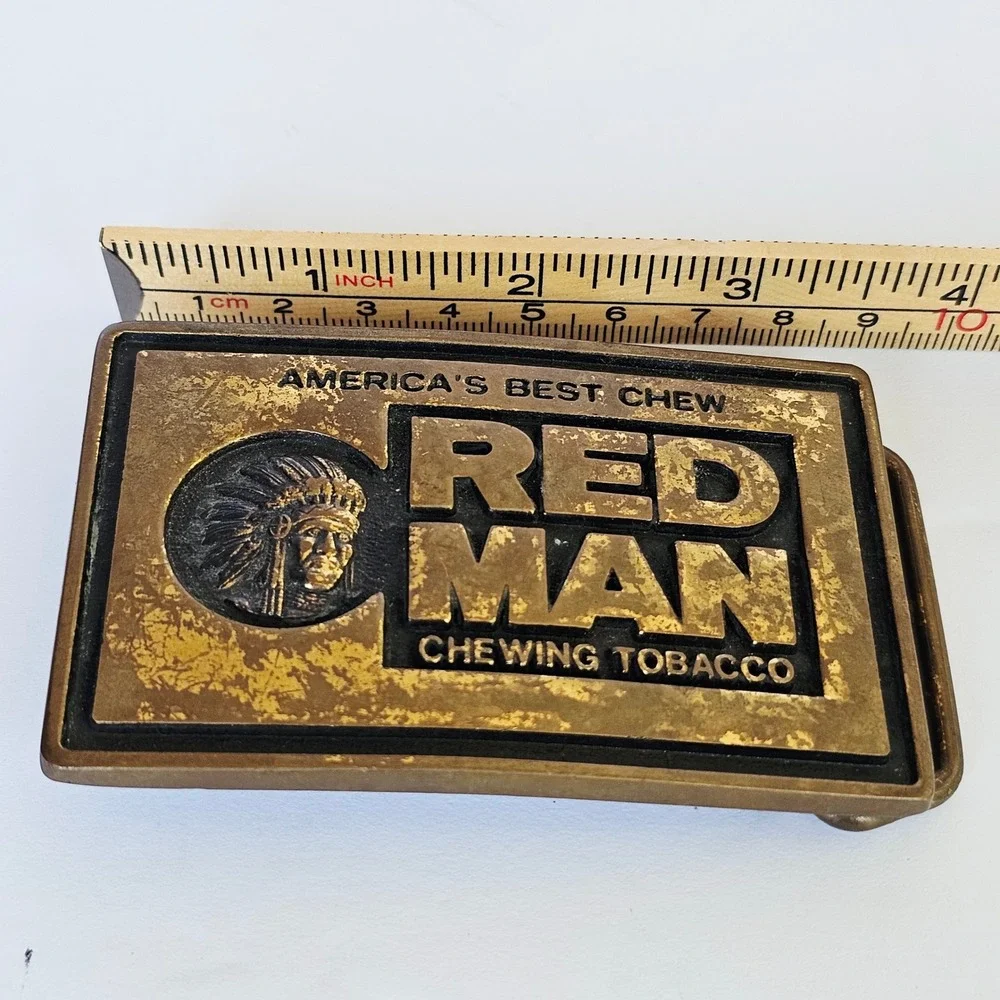 Vintage Red Man‎ Chewing Tobacco Belt Buckle Solid Brass Made in USA Americana